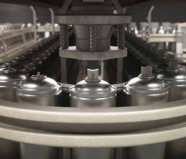 A row of spray cans are sitting on top of each other on a conveyor belt.