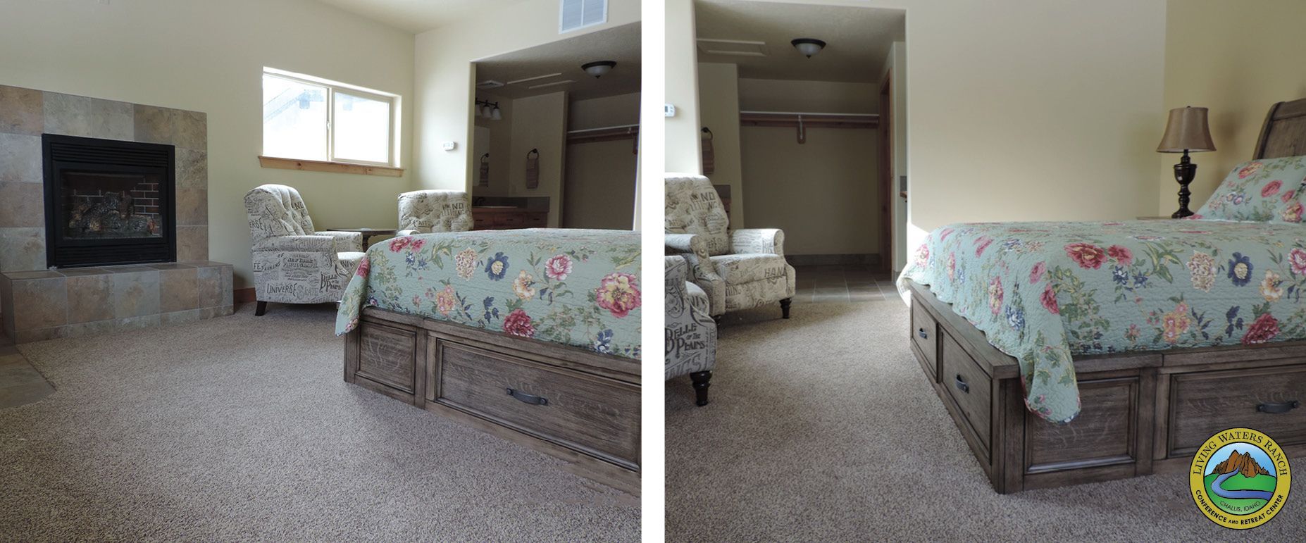 Two pictures of a bedroom with a fireplace and a bed