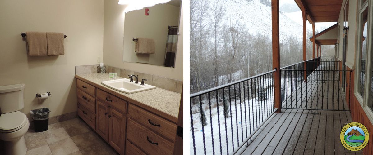 A bathroom and a balcony with a screened in porch