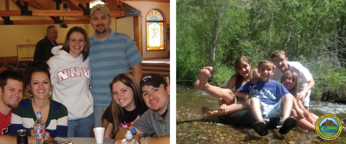 A group of people sitting at a table and a group of people sitting in a river