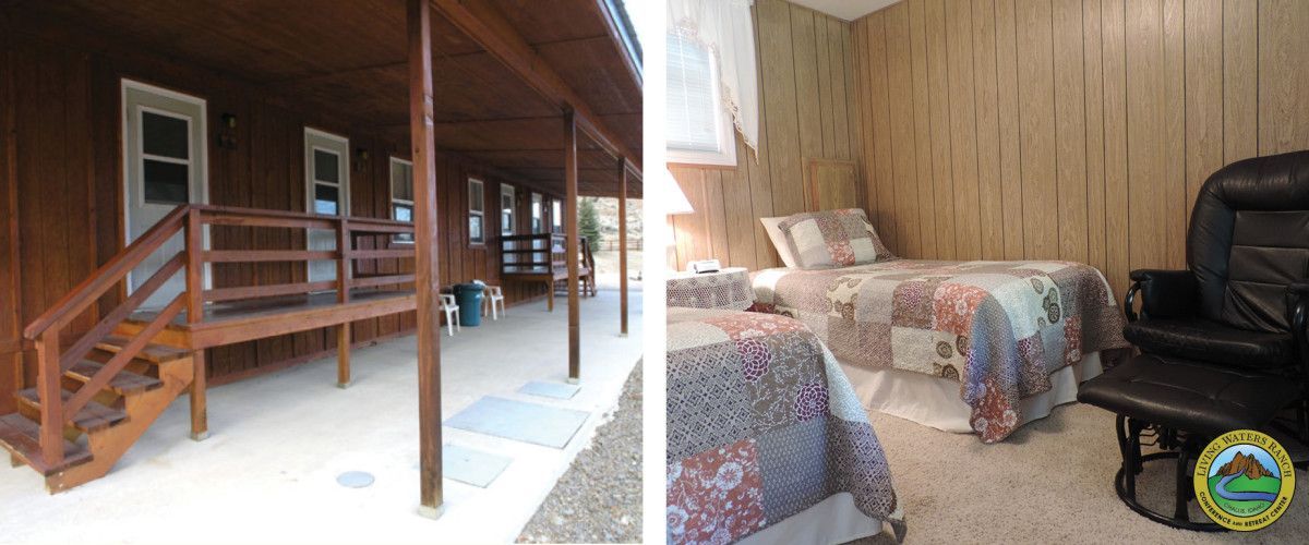A picture of a porch next to a picture of a bedroom with two beds.