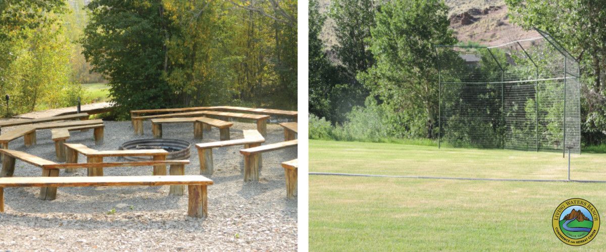 A picture of a picnic area and a picture of a soccer field.