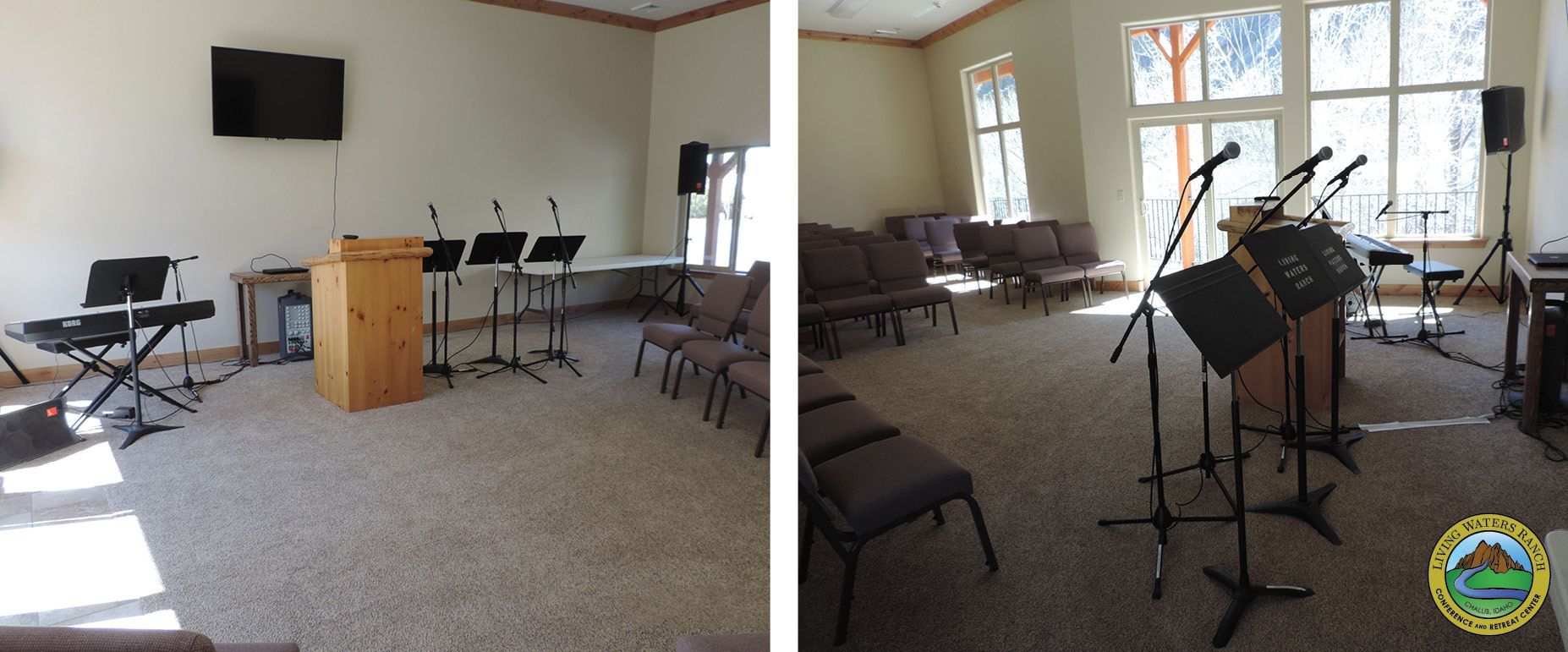 Two pictures of a room with a podium and microphones