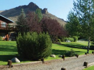 A house is sitting in the middle of a lush green field with a mountain in the background.