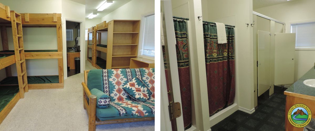 A bedroom with bunk beds and a bathroom with a shower.