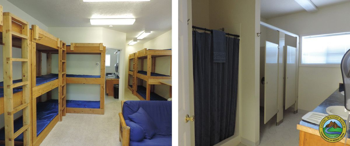 Two pictures of a bunk bed room and a bathroom.