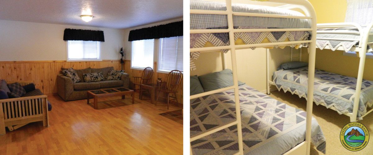 A living room and a bedroom with bunk beds.