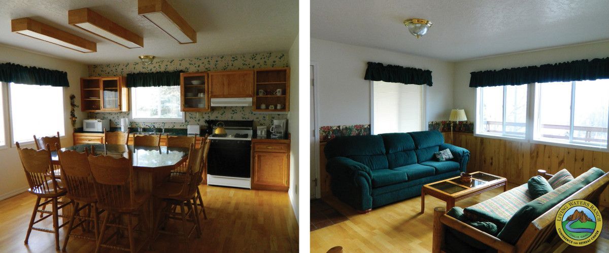 A kitchen and a living room with a green couch