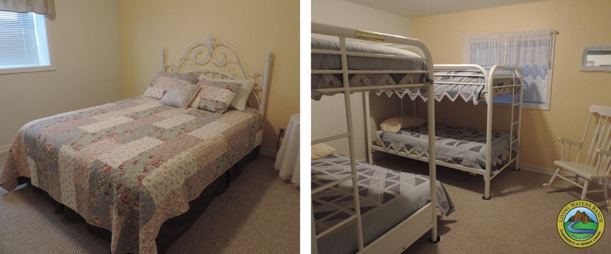 Two pictures of a bedroom with a bed and bunk beds.