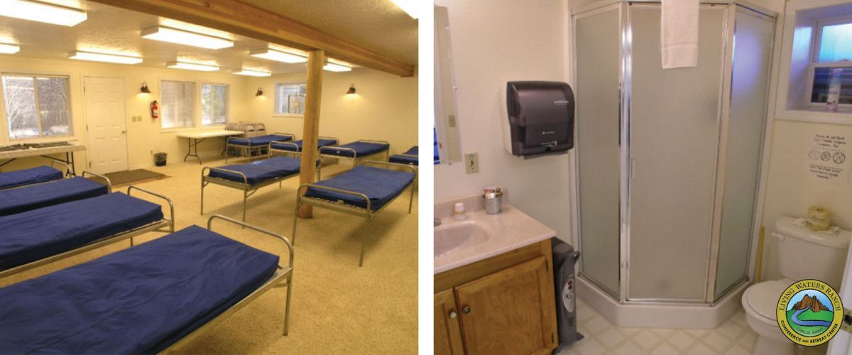 A room with a lot of beds and a bathroom with a toilet.