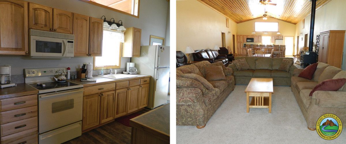 A kitchen and a living room in a cabin.
