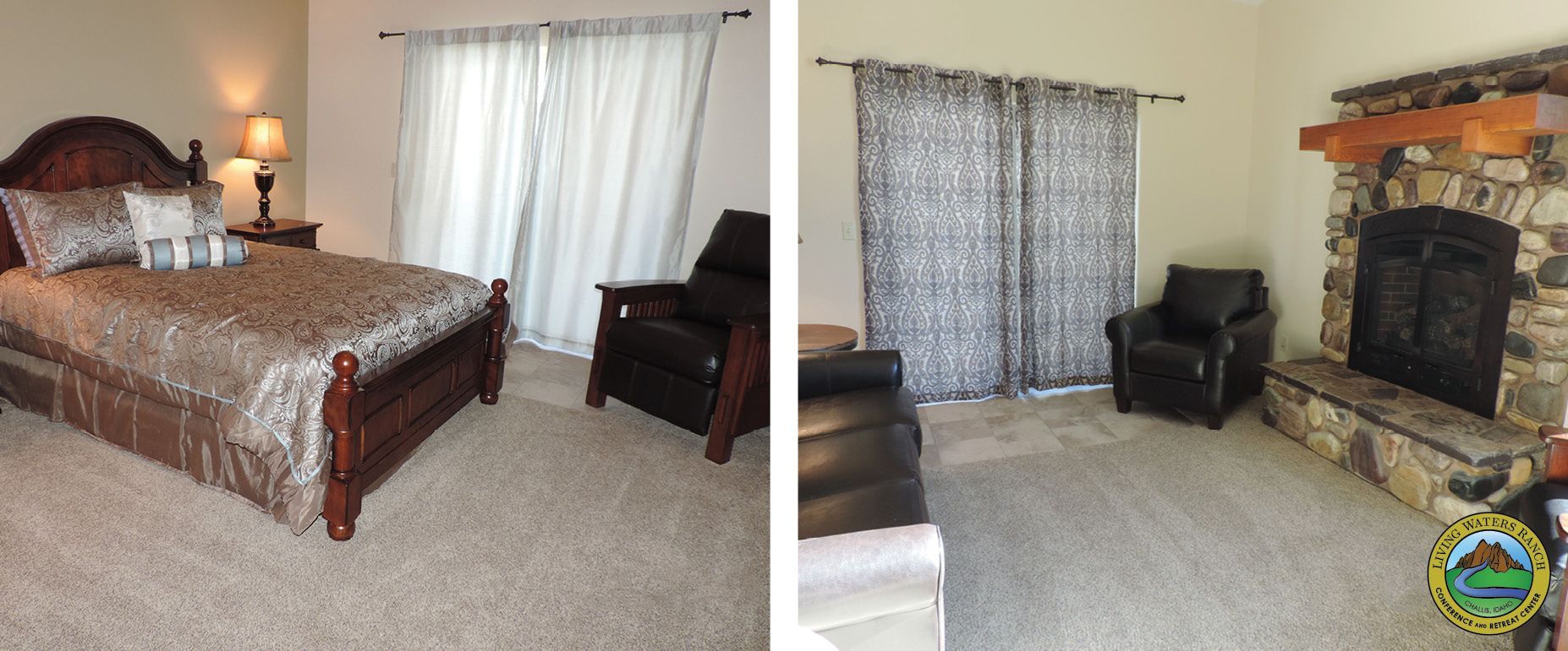 A bedroom and a living room with a fireplace