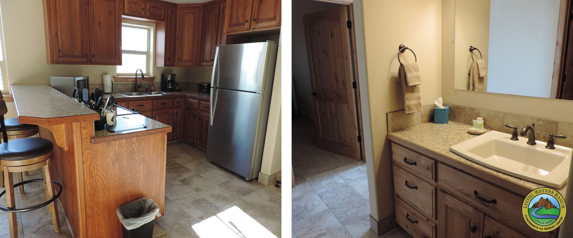 A kitchen and a bathroom with a sink and a refrigerator