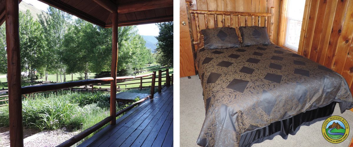 A bedroom with a bed and a porch with trees in the background