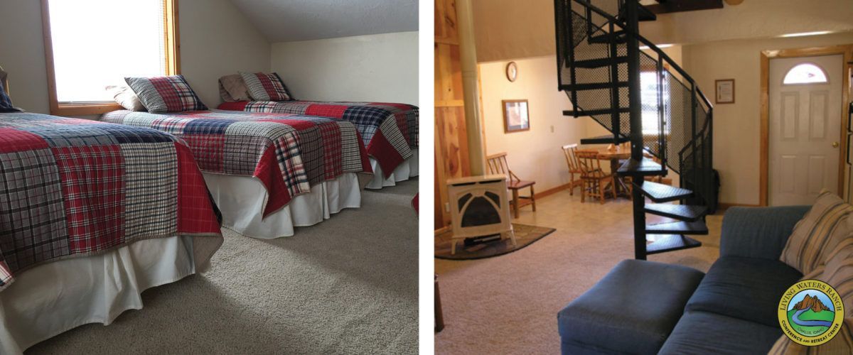 A bedroom with two beds and a living room with a spiral staircase