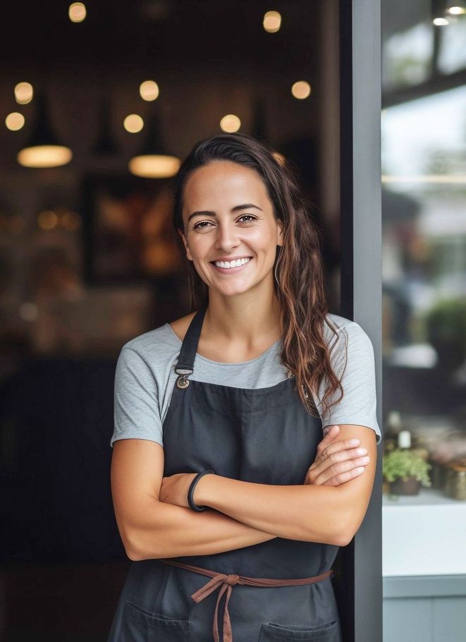 A woman in an apron is standing in the doorway of a restaurant with her arms crossed.