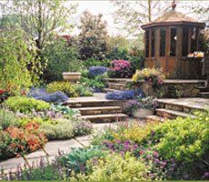 Garden with flowers in the foreground, a paved pathway and summerhouse