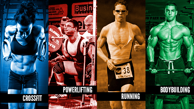 Four athletes in panels labeled CrossFit, Powerlifting, Running, and Bodybuilding.