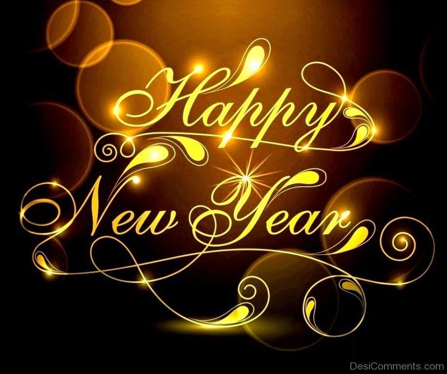 Glowing gold “Happy New Year” text on a dark background with bokeh lights and swirls