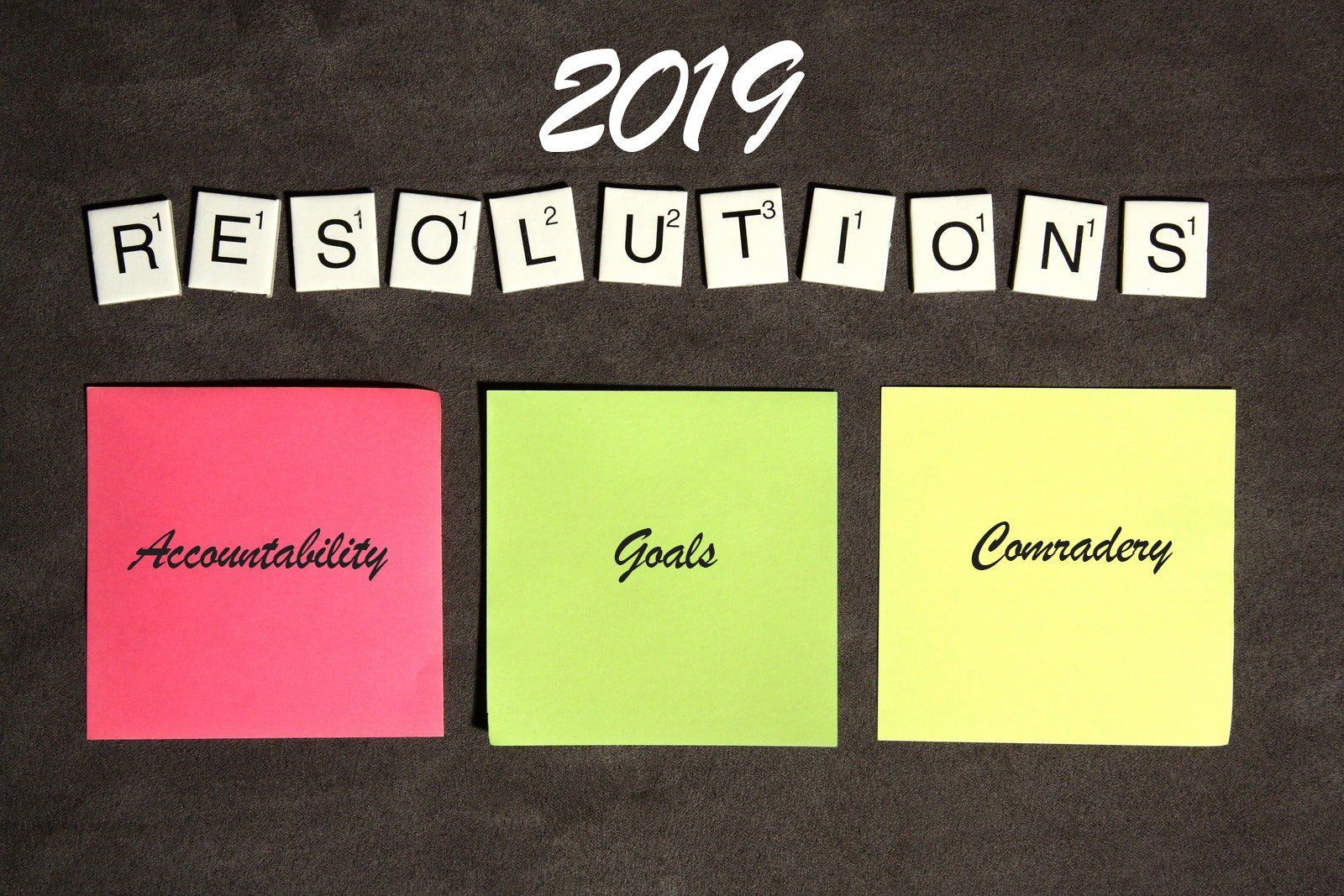 2019 resolutions on colorful sticky notes: accountability, goals, and consistency