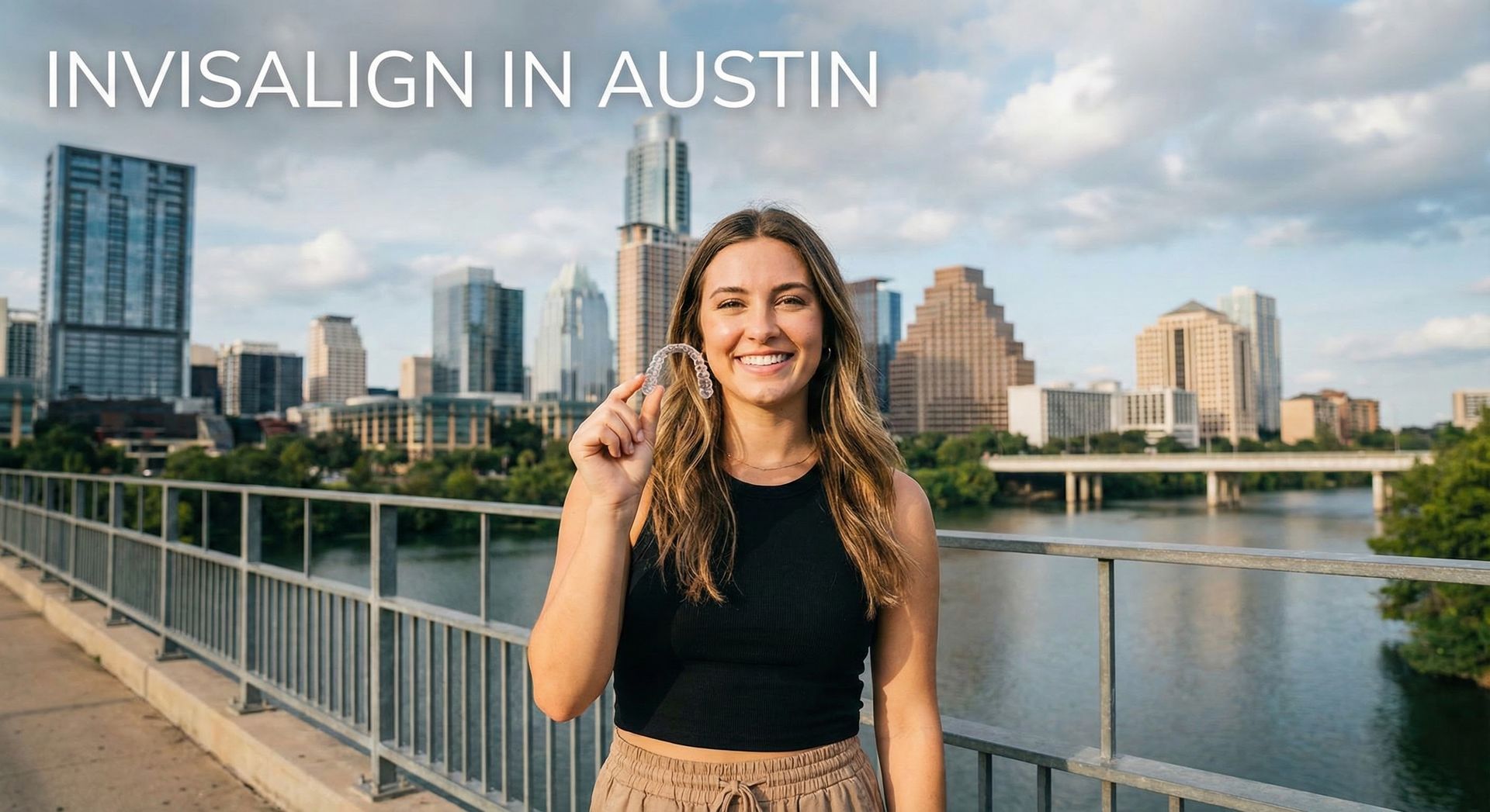 Woman holding Invisalign aligner, smiling in Austin, Texas, skyline in background.
