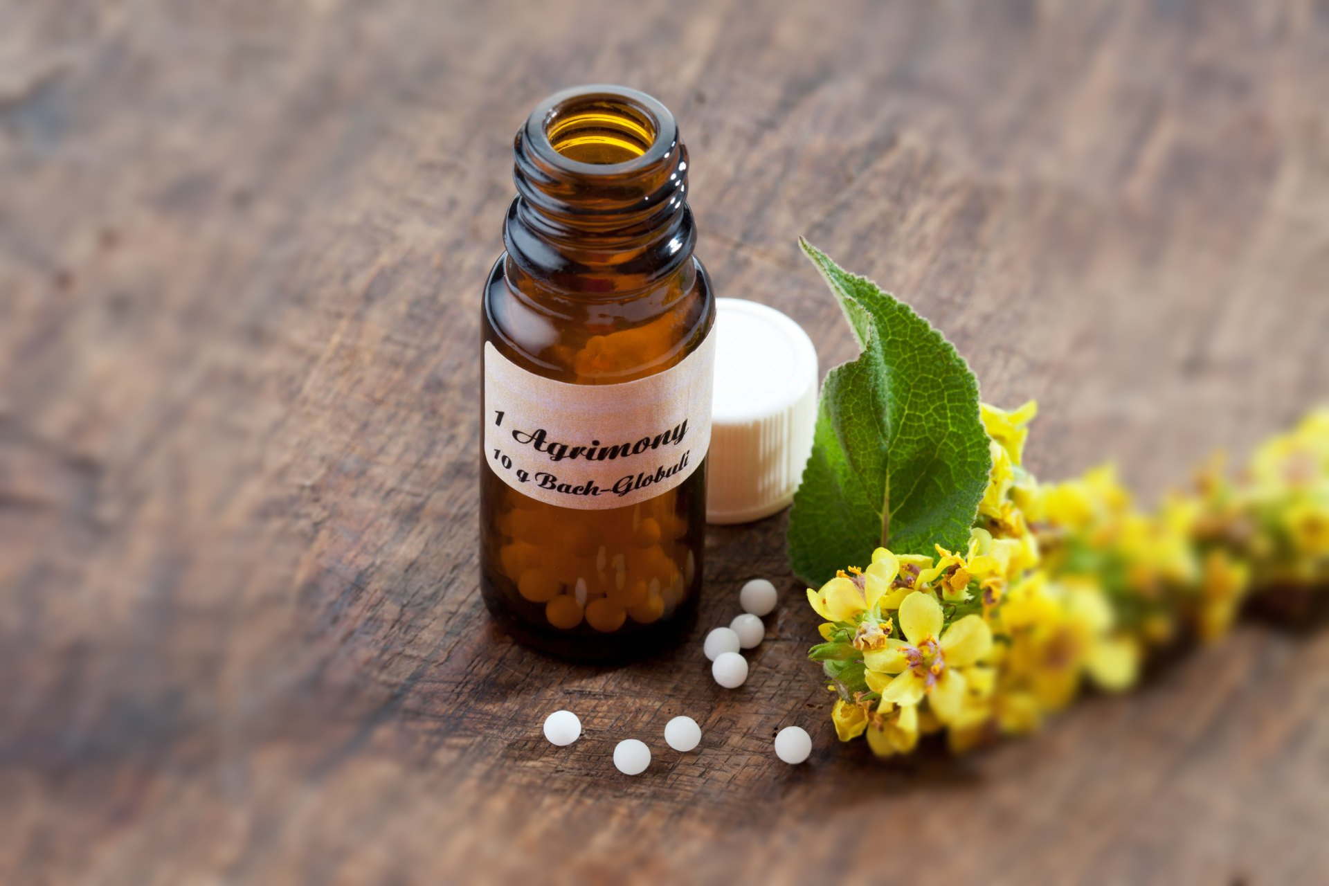 Flask with globules of agrimony and blossoms on wood