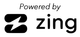 A black and white logo that says `` powered by zing ''.