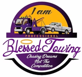 Logo for Blessed Towing, purple and yellow, with a tow truck towing a car.