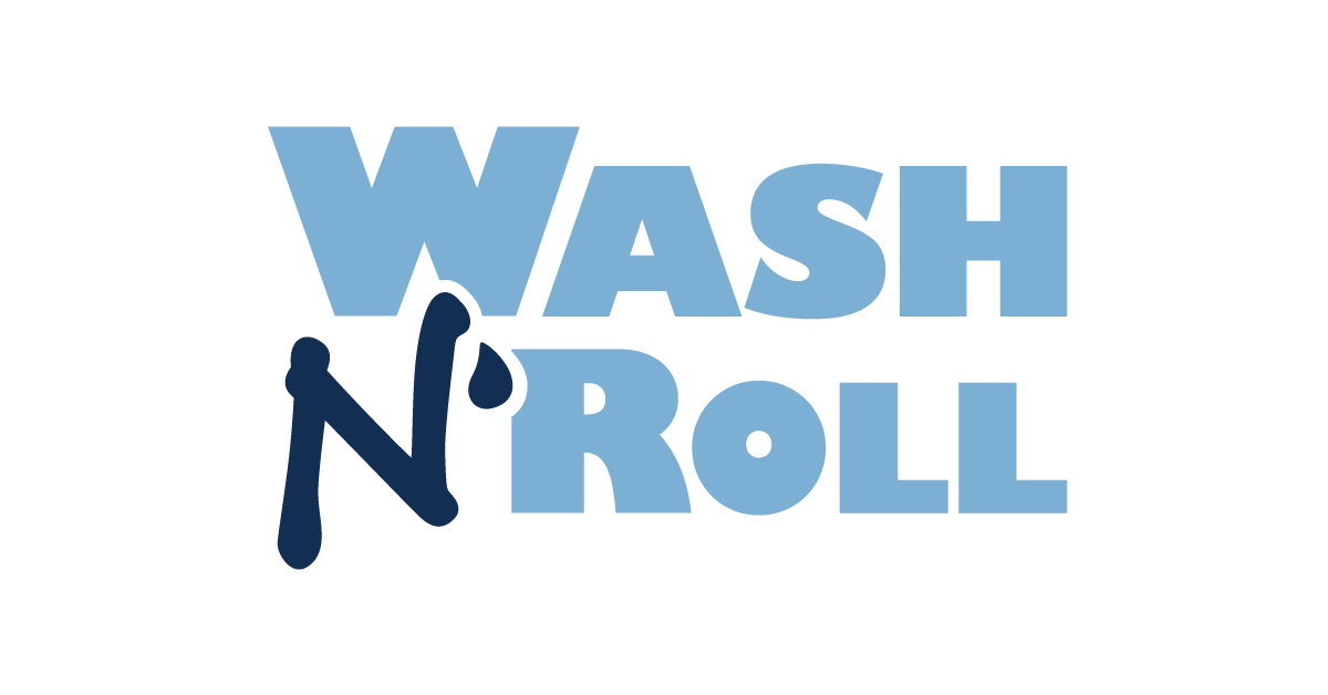 The logo for wash n roll is blue and black on a white background.