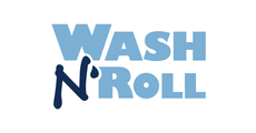 The logo for wash n roll is blue and black on a white background.