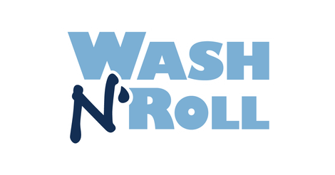 The logo for wash n roll is blue and black on a white background.