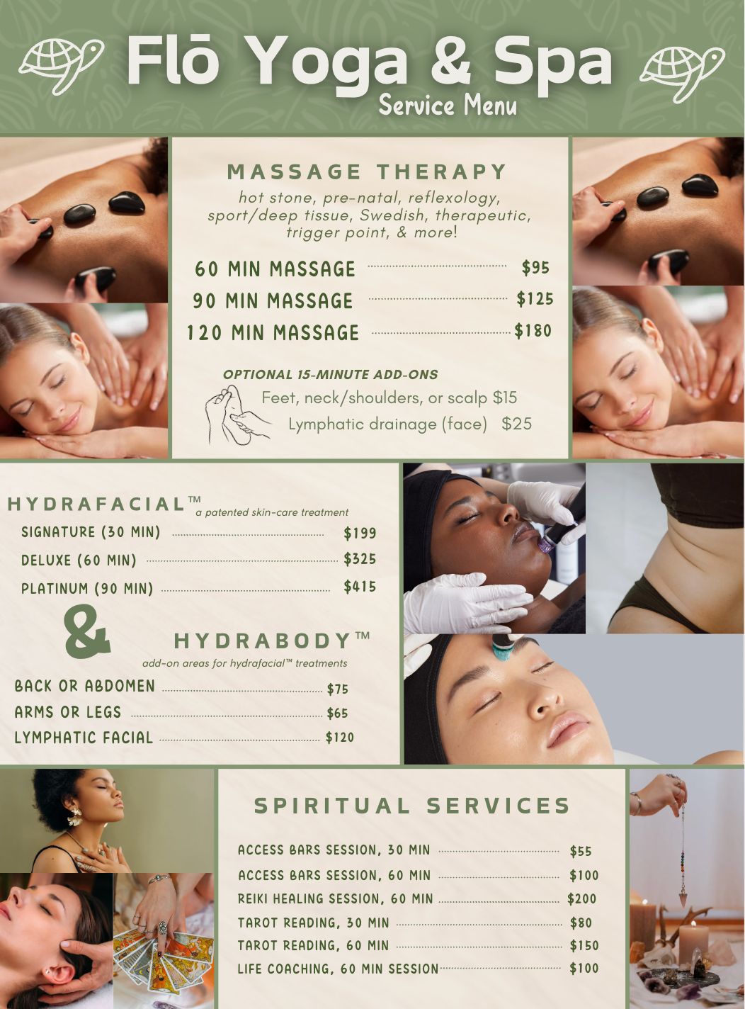 A menu for a massage therapy and spiritual services