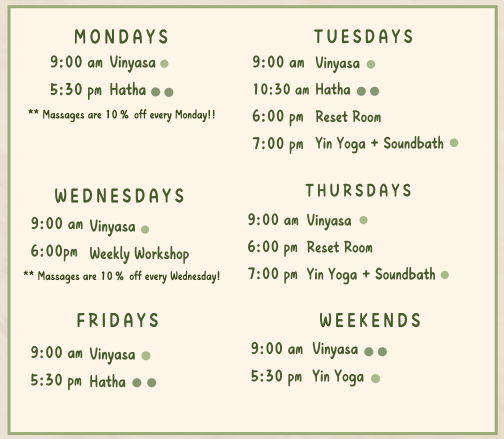 A schedule for a yoga studio shows the times for mondays tuesdays wednesdays and thursdays