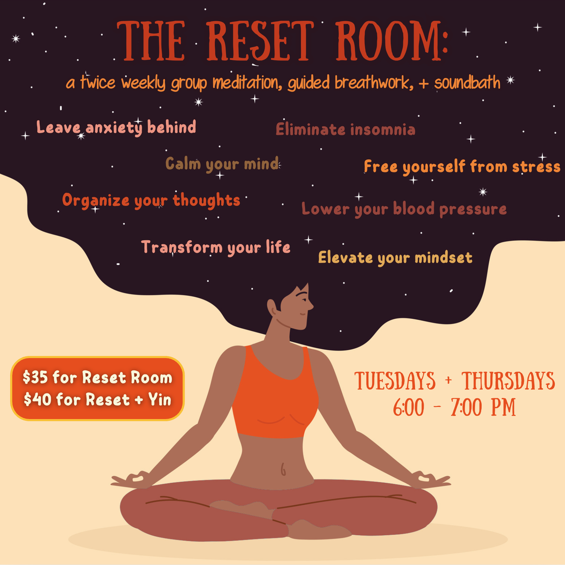 An advertisement for the reset room shows a woman in a lotus position
