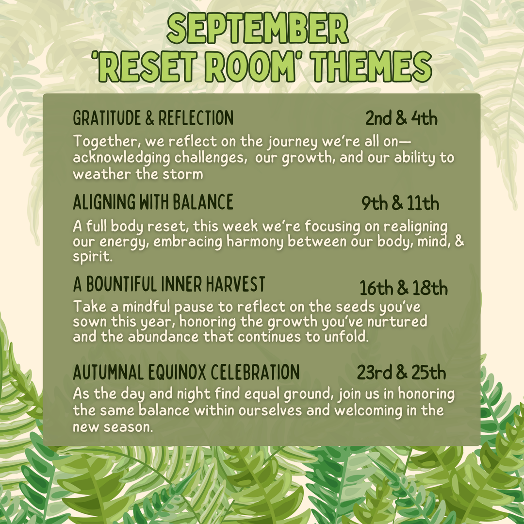 A poster with purple butterflies and the words june reset room themes