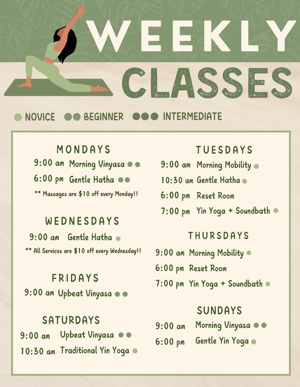 A weekly class schedule for a yoga studio