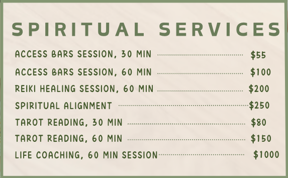 A list of spiritual services including access bars session
