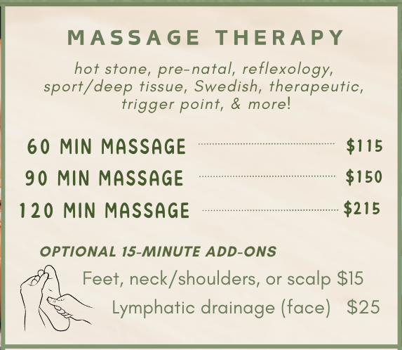A sign for massage therapy with a price list