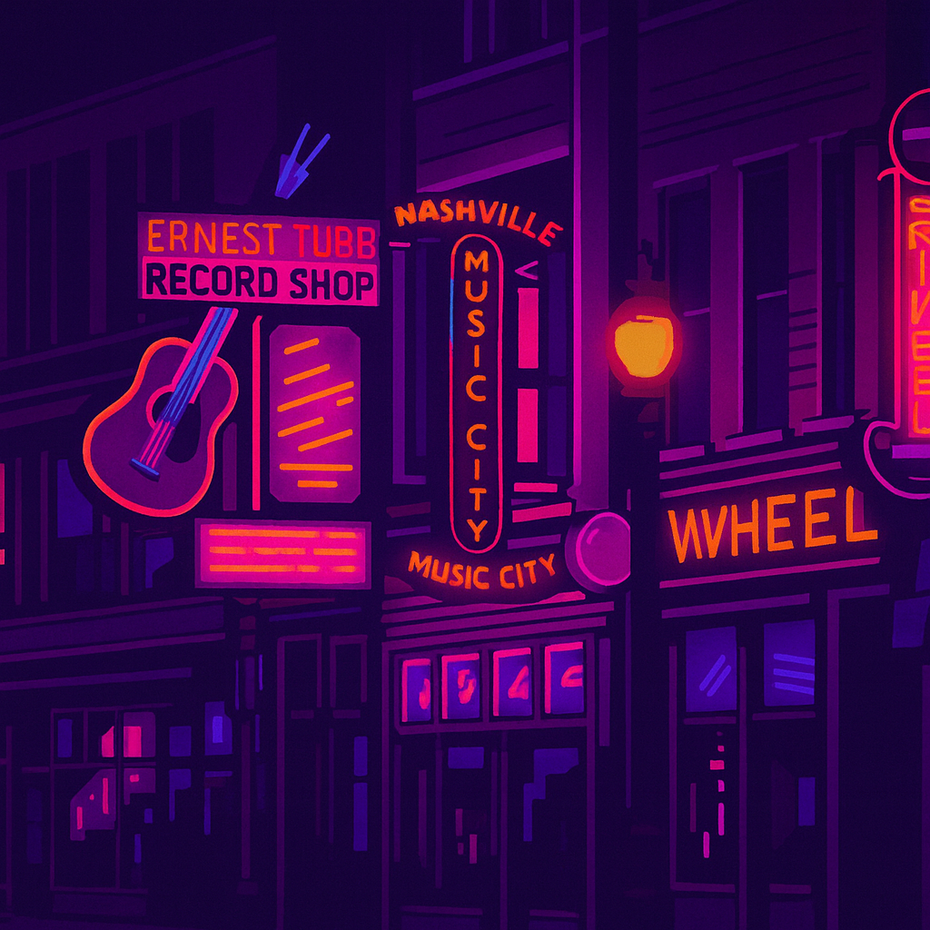 Pixel art illustration of a neon Nashville street scene, featuring record shop and music signs.