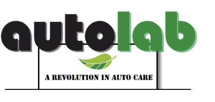 Autolab logo: black "autol" over green "lab," green leaf, tagline: "A REVOLUTION IN AUTO CARE"
