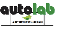 Autolab logo: black "autol" over green "lab," green leaf, tagline: "A REVOLUTION IN AUTO CARE"