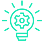 Bombilla verde con un engranaje en su interior, que irradia luz, simbolizando ideas e innovación.