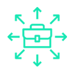 Icono de maletín verde con flechas que irradian hacia afuera.