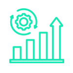 Gráfico de barras verde con barras ascendentes, engranaje con flechas circulares arriba.