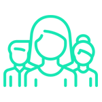 Grupo de tres personas, dos mujeres y un hombre, de contorno verde azulado.
