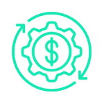 Ícono verde: Signo de dólar dentro de un engranaje, rodeado de flechas en un círculo, que significa procesos financieros.