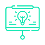 Icono verde de una pantalla de presentación que muestra una bombilla, que representa una idea.