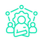 Icono de trabajo en equipo: Figura central con engranaje, rodeada de otras, conectadas por líneas.