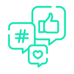 Íconos verdes de un hashtag, un pulgar hacia arriba y un corazón en burbujas de diálogo, que representan la participación en las redes sociales.