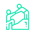 Ilustración verde de una persona que ayuda a otra a escalar un muro.